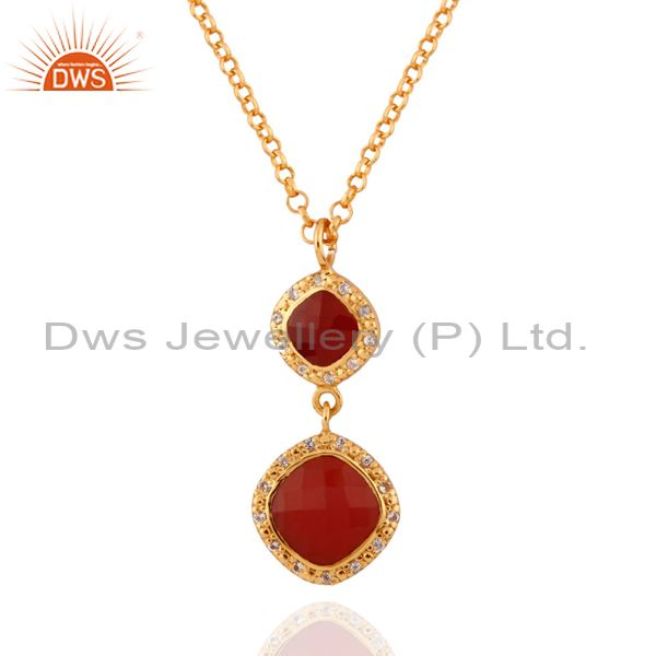 Classical 24k yellow gold plated white topaz & red onyx 925 silver drop pendant