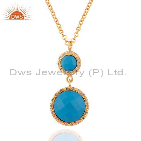 Turquoise gemstone sterling silver pendant white topaz 24" gold plated necklace