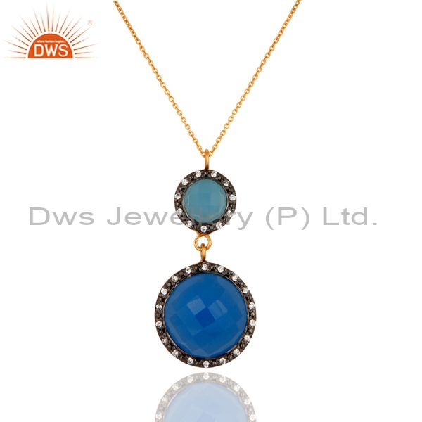 Blue chalcedony and white zircon 925 sterling silver 18k gold plated pendant