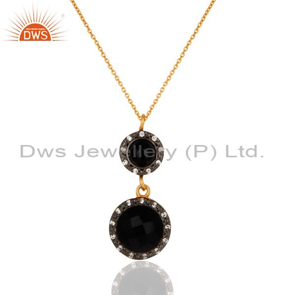 Black onyx gemstone pendant necklace with cz in 18k gold over sterling silver