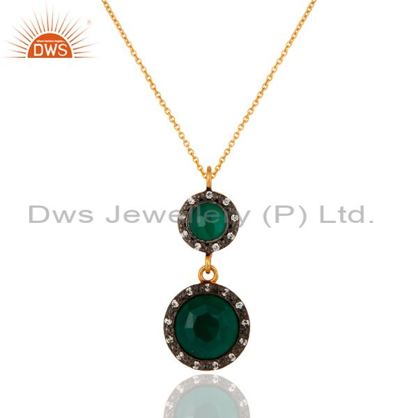 Faceted green onyx & cz 18k gold plated sterling silver pendant with 16" chain