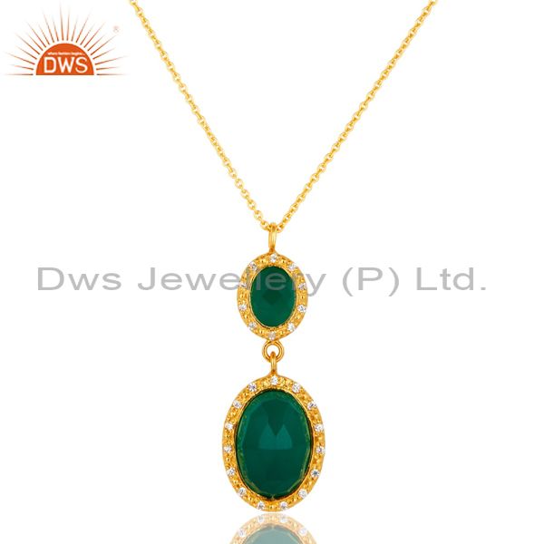 18k yellow gold plated sterling silver green onyx & cz drop pendant with chain