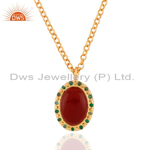 18k yellow gold plated sterling silver red onyx and emerald pendant with chain