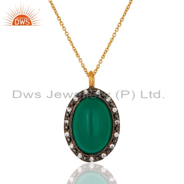 Designer green onyx gemstone cabochon sterling silver gold plated pendant chain