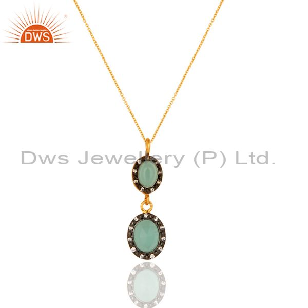 Cz & aqua blue chalcedony drop fashion pendant with chain - gold plated silver