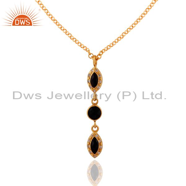 Black onyx & white topaz gemstone pendant in gold plated over sterling silver