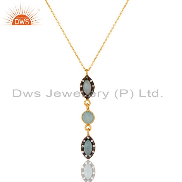 Blue chalcedony and cz gemstone pendant in gold plated over sterling silver