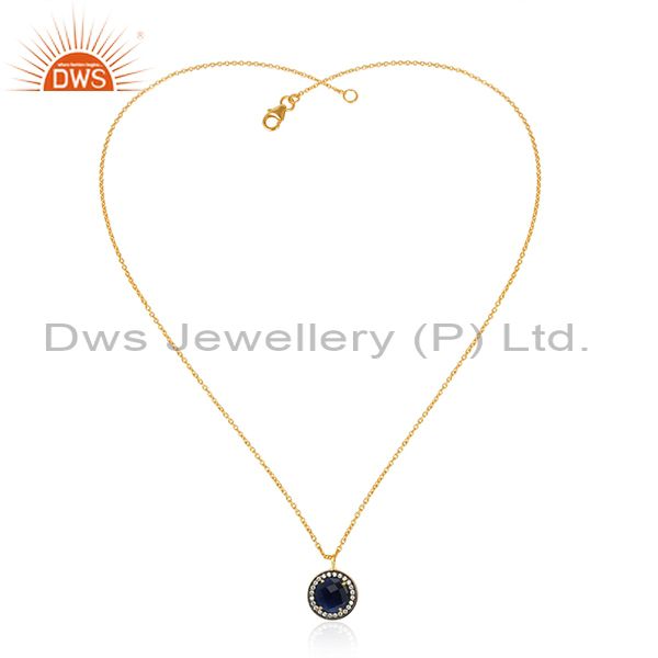18k gold over silver blue corundum checkerboard gemstone & cz pendant necklace