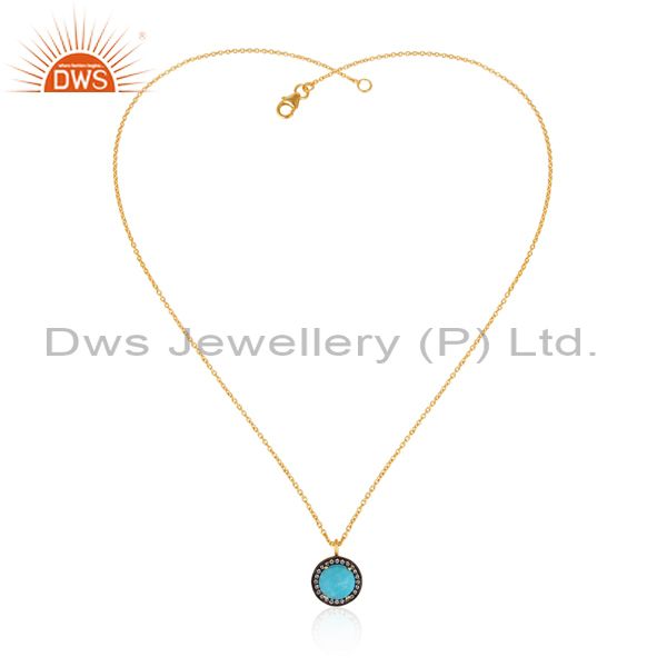 18k yellow gold plated sterling silver turquoise and cz pendant with 16" chain