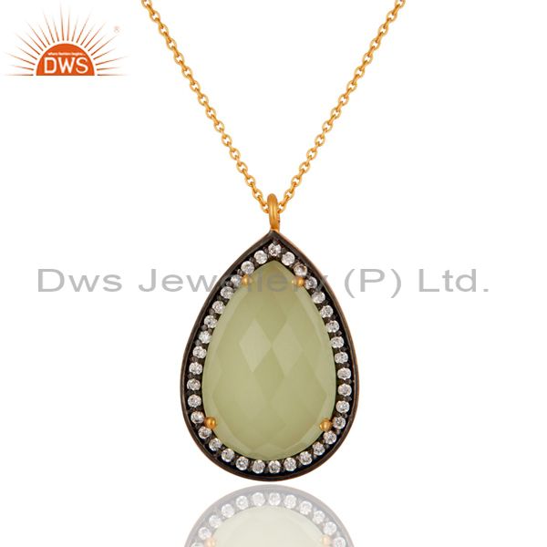 Gold plated sterling silver green chalcedony gemstone fashion pendant necklace