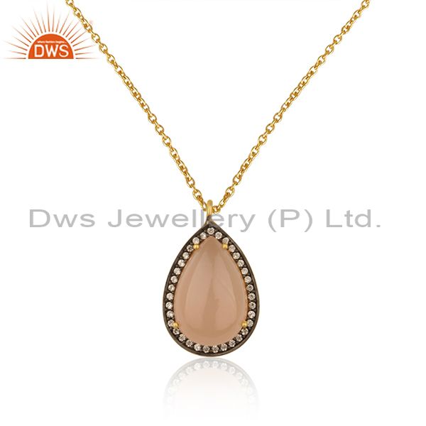 Rose chalcedony gemstone & pave cz pendant made in 18k gold over sterling silver