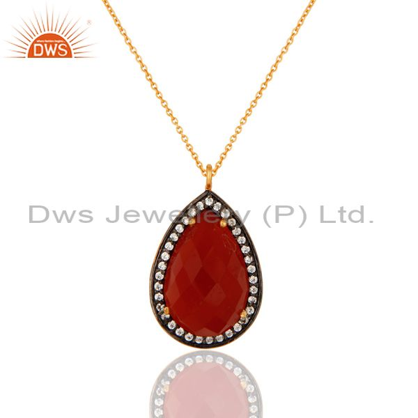 18k gold plated sterling silver natural red onyx gemstone drop pendant with cz