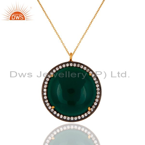 18k gold on 925 sterling silver green onyx gemstone designer pendant with chain