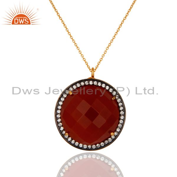 Gold plated 925 silver faceted red onyx & cz designer fashion pendant with cz
