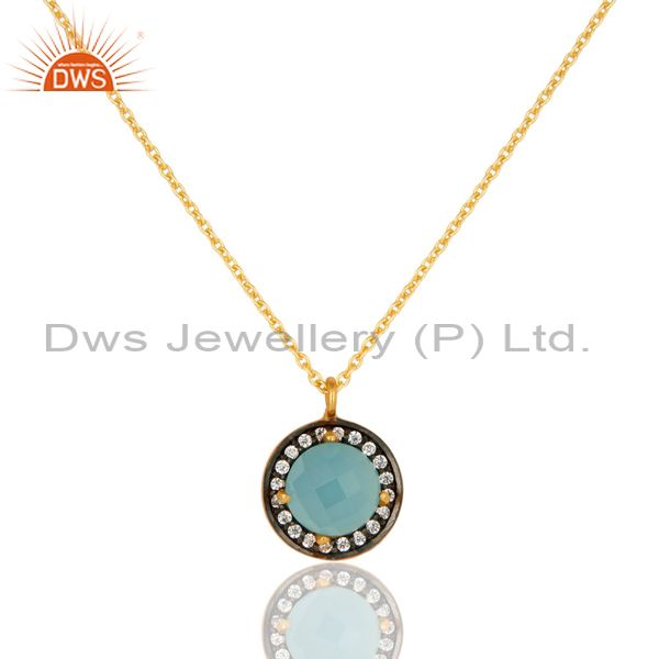 18k gold plated sterling silver blue chalcedony and cz pendant with 16" in chain