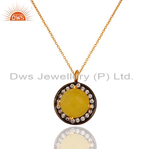 22k gold plated 925 sterling silver pave cz & yellow moonstone pendant chain