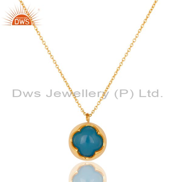 Dyed blue chalcedony gemstone sterling silver pendant with chain - gold plated