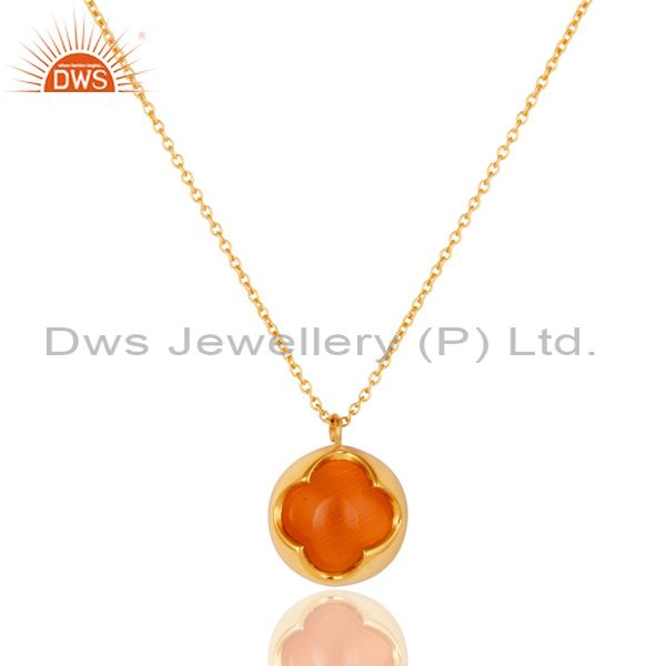 Peach moonstone sterling silver with yellow gold plated pendant with chain