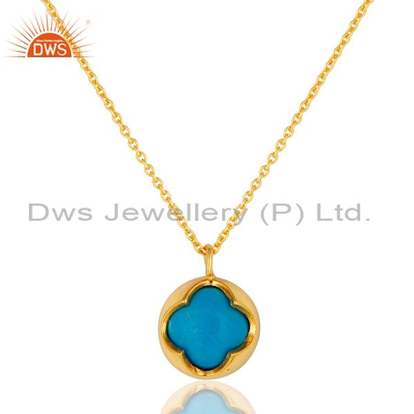 14K Gold Plated Sterling Silver Blue Turquoise Designer Pendant With Chain