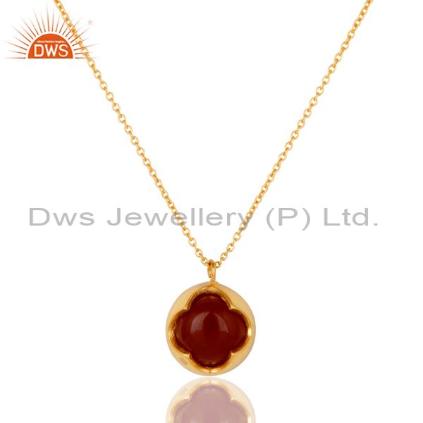 Natural Red Onyx Sterling Silver Designer Pendant Necklace - Yellow Gold Plated