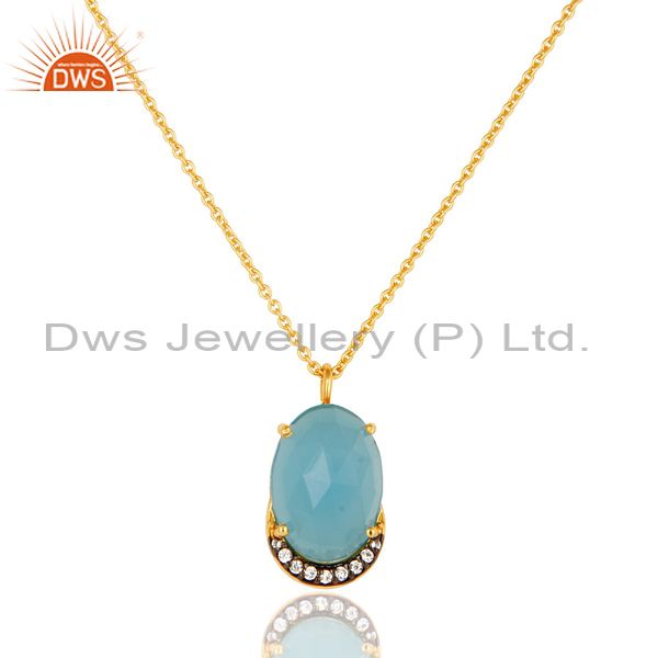 14K Gold Plated Sterling Silver Blue Chalcedony Designer Pendant With Chain