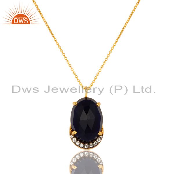 18K Yellow Gold Plated Sterling Silver Blue Corundum And CZ Pendant With Chain
