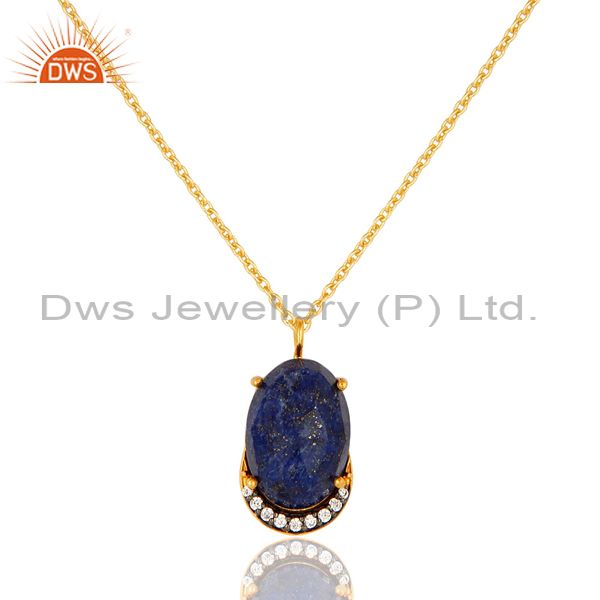18K Yellow Gold Plated Sterling Silver Lapis Lazuli And CZ Pendant With Chain