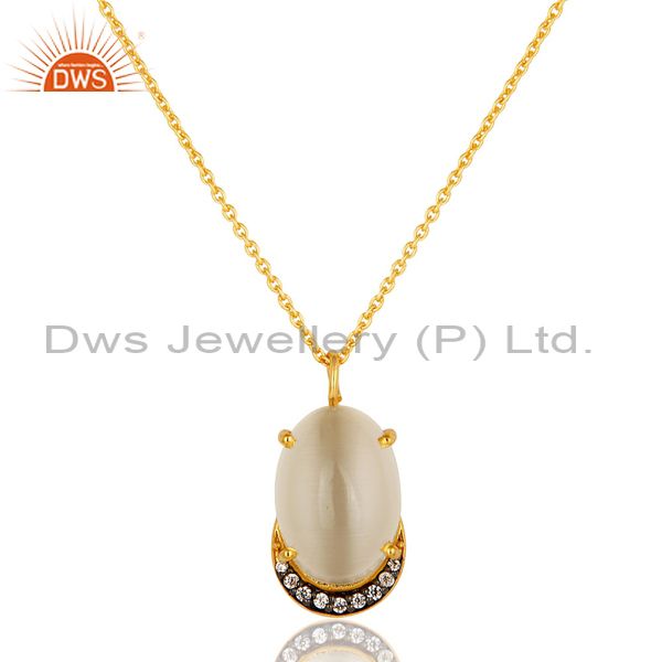 14K Gold Plated Sterling Silver Prong Set White Moonstone And CZ Pendant Chain