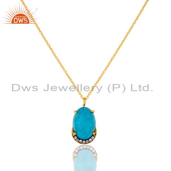 Turquoise & Cubic Zirconia Designer Pendant Made In 18K Gold On Sterling Silver