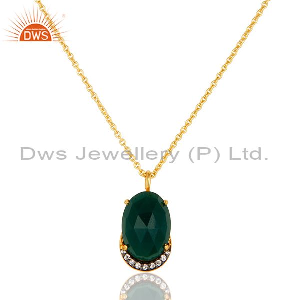 14K Gold Plated Sterling Silver Green Onyx Designer Pendant With Chain