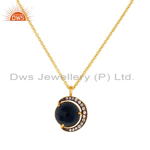 14K Gold Plated Sterling Silver Blue Corundum Half Moon Pendant With Chain