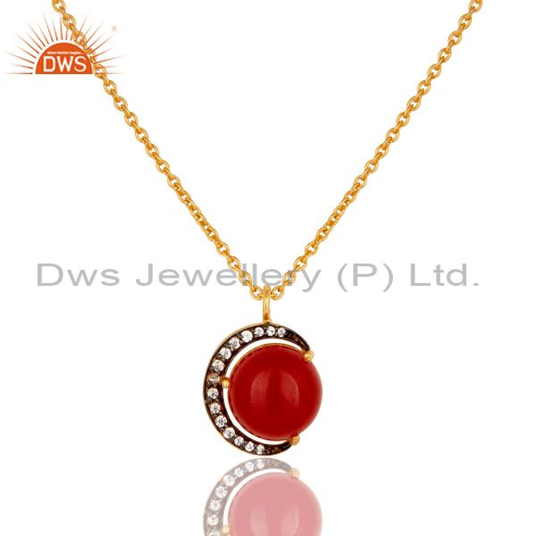 22K Yellow Gold Plated Sterling Silver Red Aventurine And CZ Pendant Necklace