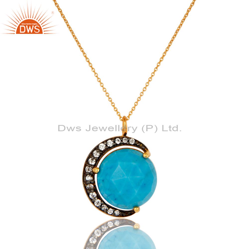 14K Gold Plated Sterling Silver CZ And Turquoise HAlf Moon Pendant With Chain