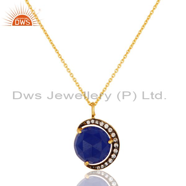 18K Gold On Sterling Silver Blue Aventurine And CZ Half Moon Pendant With Chain