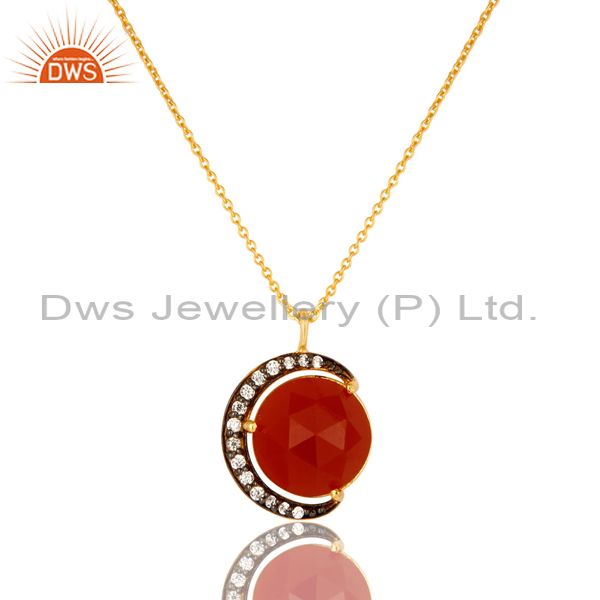 18K Yellow Gold Plated Sterling Silver Red Onyx And CZ Half Moon Pendant Chain
