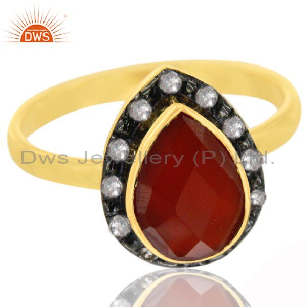 22K Yellow Gold Plated Sterling Silver Red Onyx And White Topaz Statement Ring