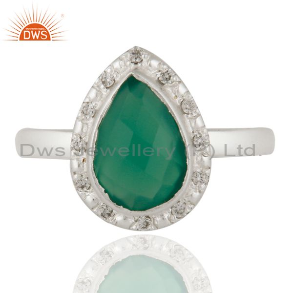Handmade 925 Sterling Silver Natural Green Onyx Gemstone Ring With White Zircon