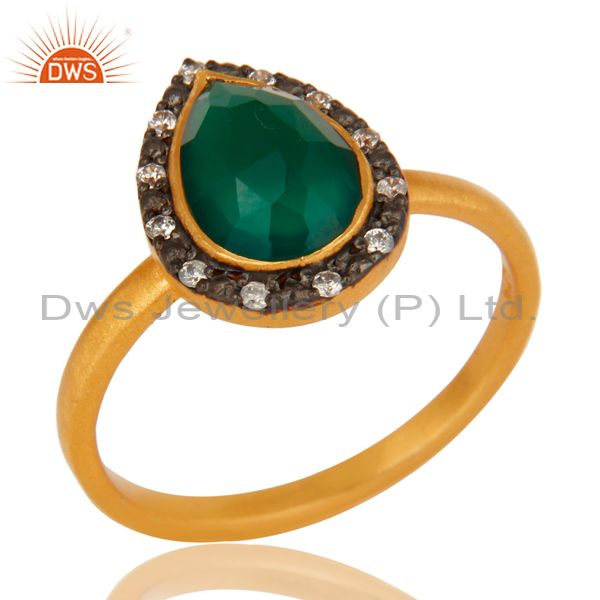 18K Yellow Gold Plated Sterling Silver Green Onyx And CZ Stackable Ring