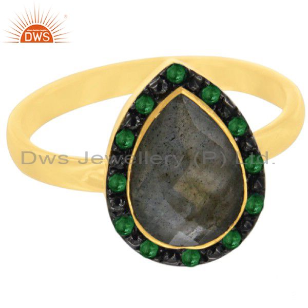 Labradorite Gemstone 18K Yellow Gold Plated Sterling Silver Emerald Ring