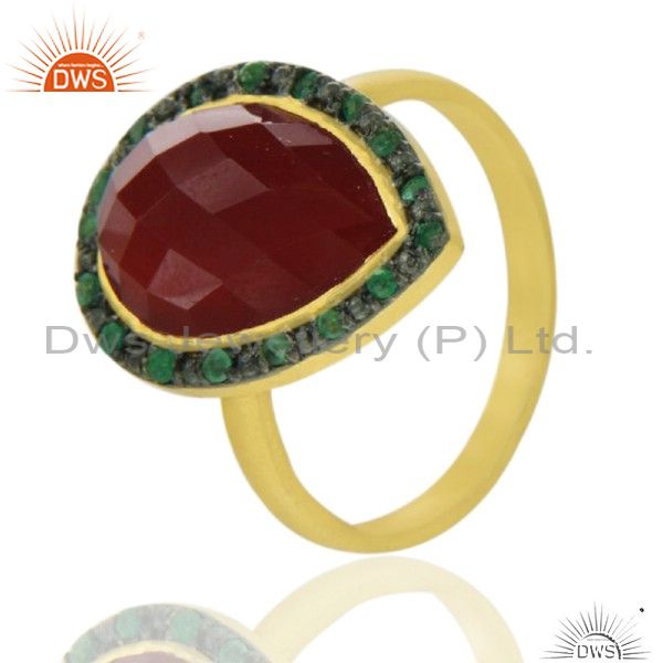 18k yellow gold plated sterling silver red onyx gemstone ring with emerald