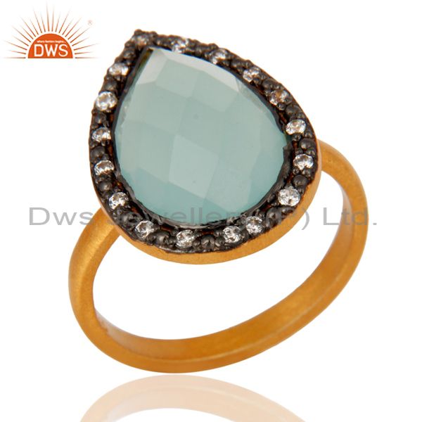 Handmade 925 Sterling Silver Blue Aqua Glass Gemstone Ring With Gold Plated