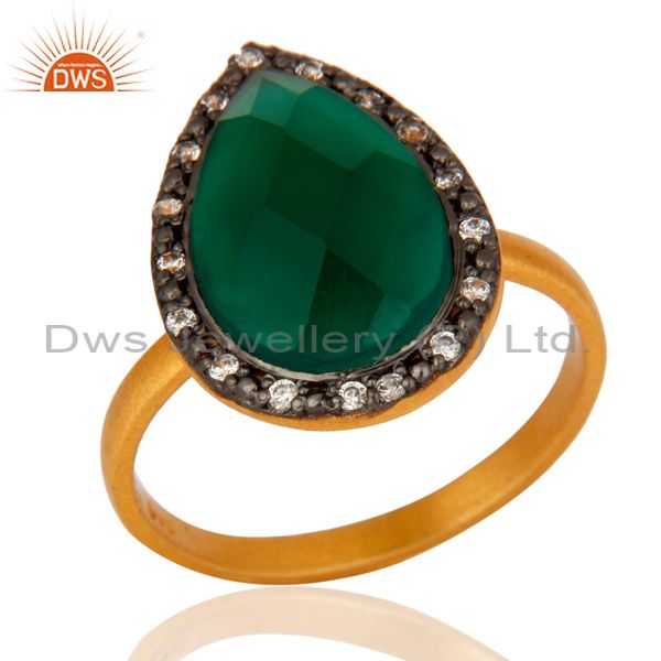 Handmade 18k Gold Plated Sterling Silver Green Onyx Gemstone Ring With CZ