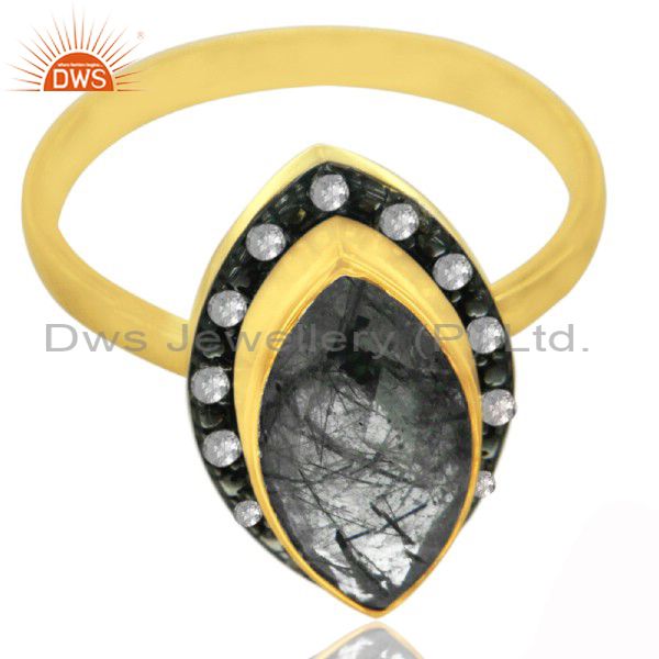 18K Gold Plated 925 Sterling Silver Tourmalated Quartz Ring With Topaz White