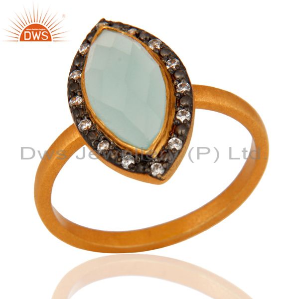18K Yellow Gold Plated Sterling Silver Gemstone Ring With Blue Aqua Glass & CZ