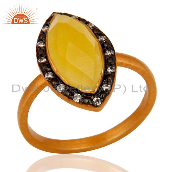 22K Gold Plated 925 Sterling Silver Yellow Moonstone & CZ Designer Ring