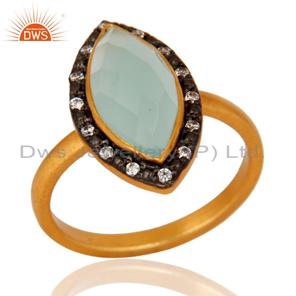 925 Sterling Silver Handmade Gold Plated Aqua Glass Gemstone Ring With CZ