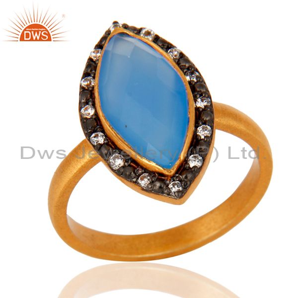 18K Gold Plated 925 Sterling Silver Faceted Aqua Blue Chalcedony Gemstone Ring