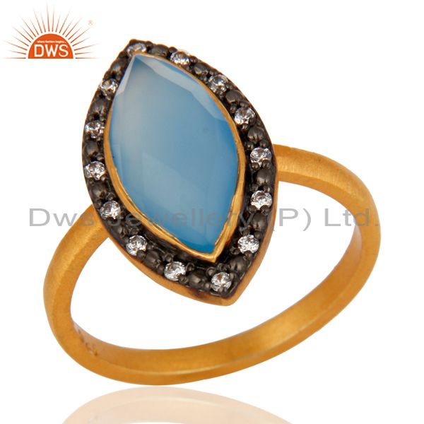 Designer Gold Plated Sterling Silver Blue Chalcedony Gemstone Ring With cz
