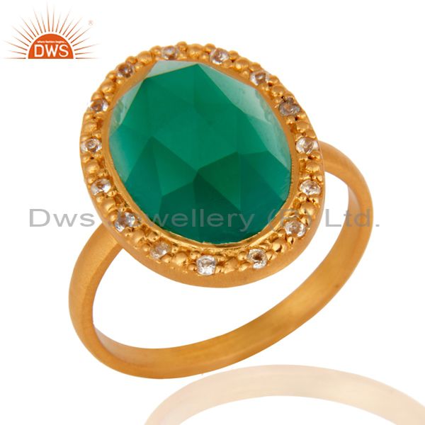 24k Yellow Gold Plated Green Onyx and White Topaz Sterling SIlver Cocktail Ring