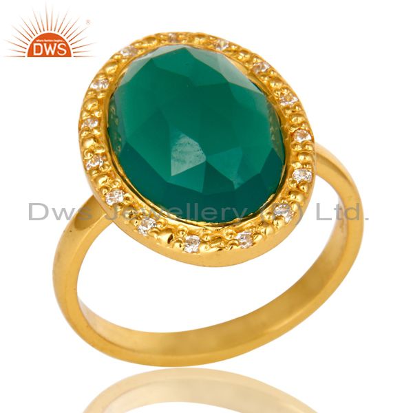 18K Yellow Gold Plated Sterling Silver Green onyx And CZ Statement Ring
